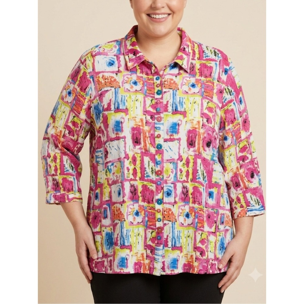 Ali Miles Size 2X Artsy Colorful Abstract Button Up 3/4 Sleeve Tunic Top Quirky